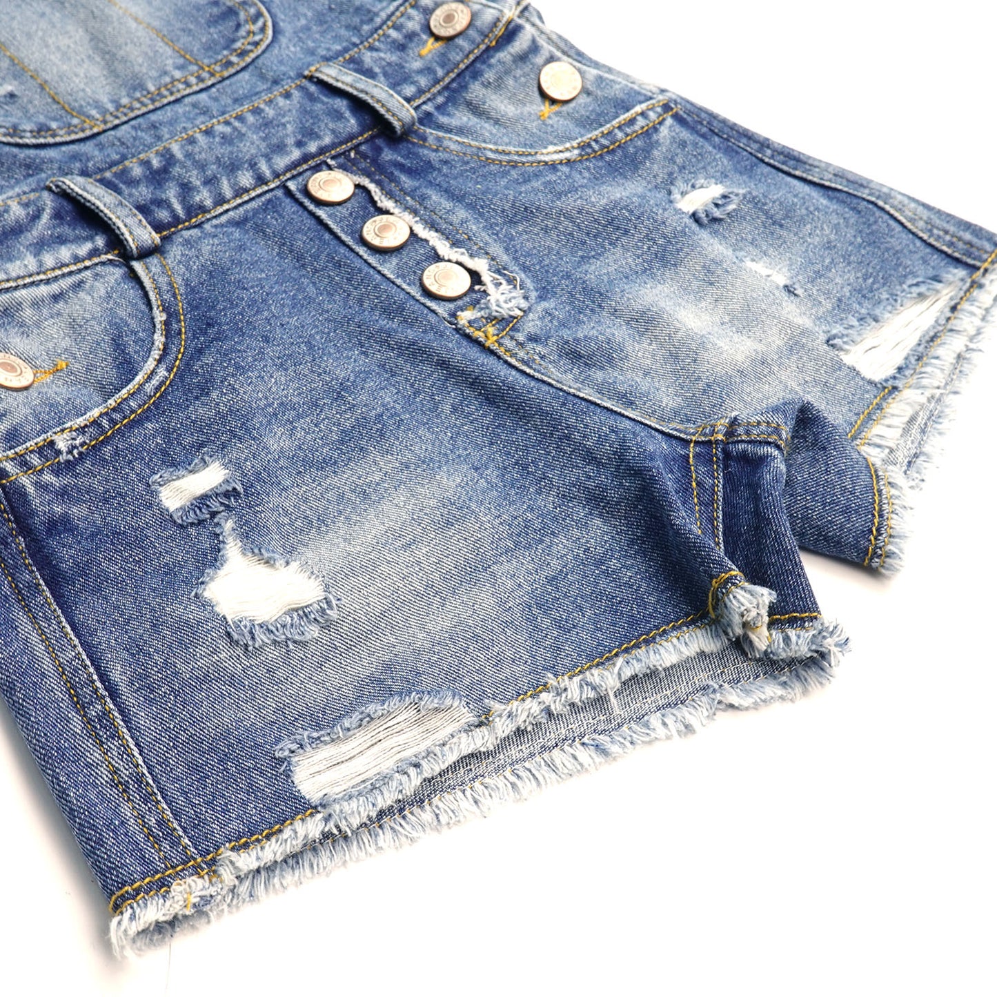 6-14T Girls Denim Shotalls, Damaged Fashion Raw Edge Hem Jeans Summer Shorts