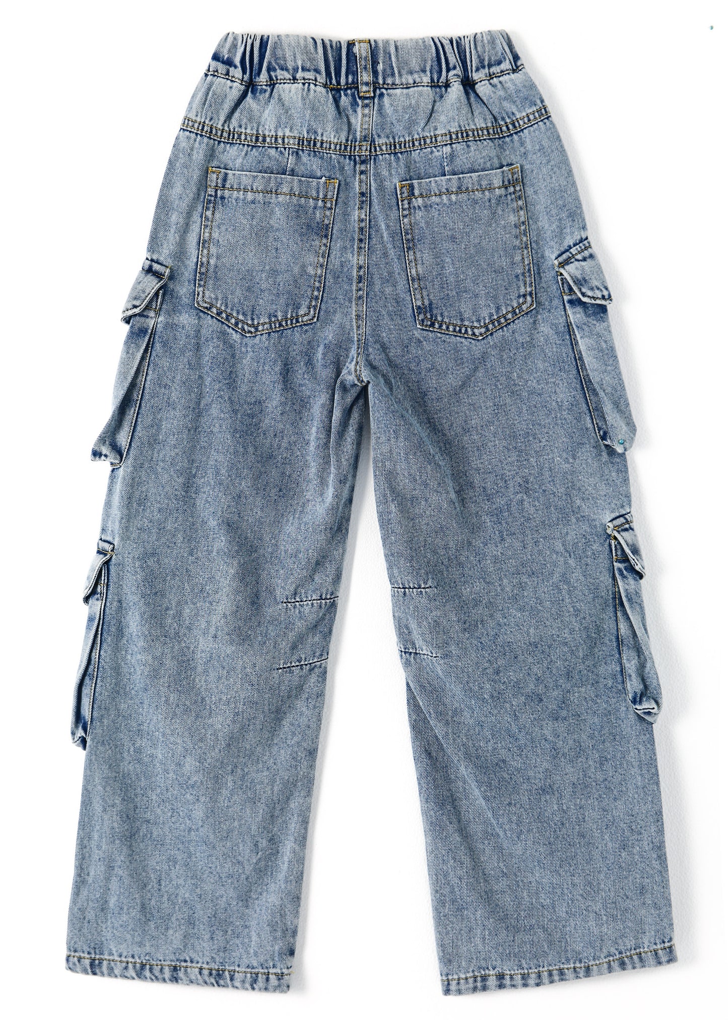 8-Pocket Girls Wide-leg Denim Pants, 5-14T Ribbed Elastic Waist Jeans