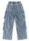 8-Pocket Girls Wide-leg Denim Pants, 5-14T Ribbed Elastic Waist Jeans