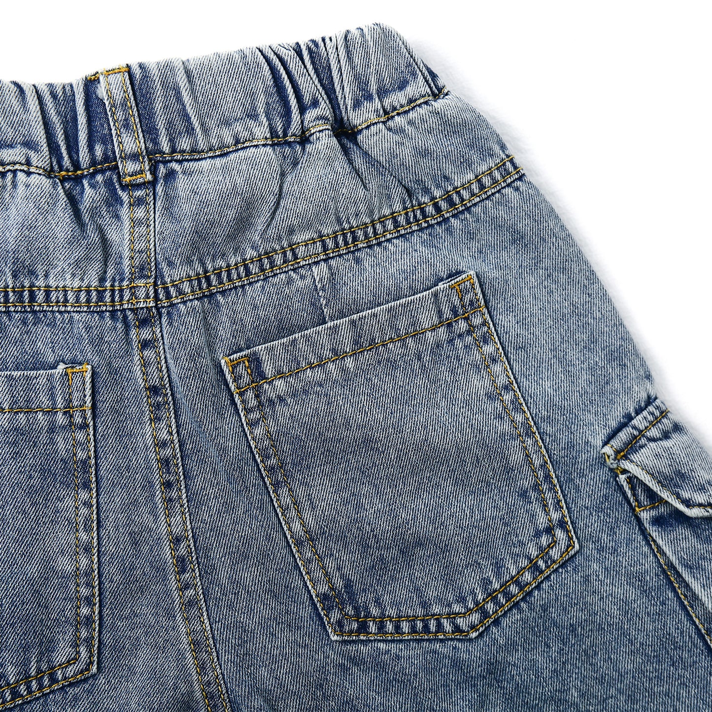 8-Pocket Girls Wide-leg Denim Pants, 5-14T Ribbed Elastic Waist Jeans