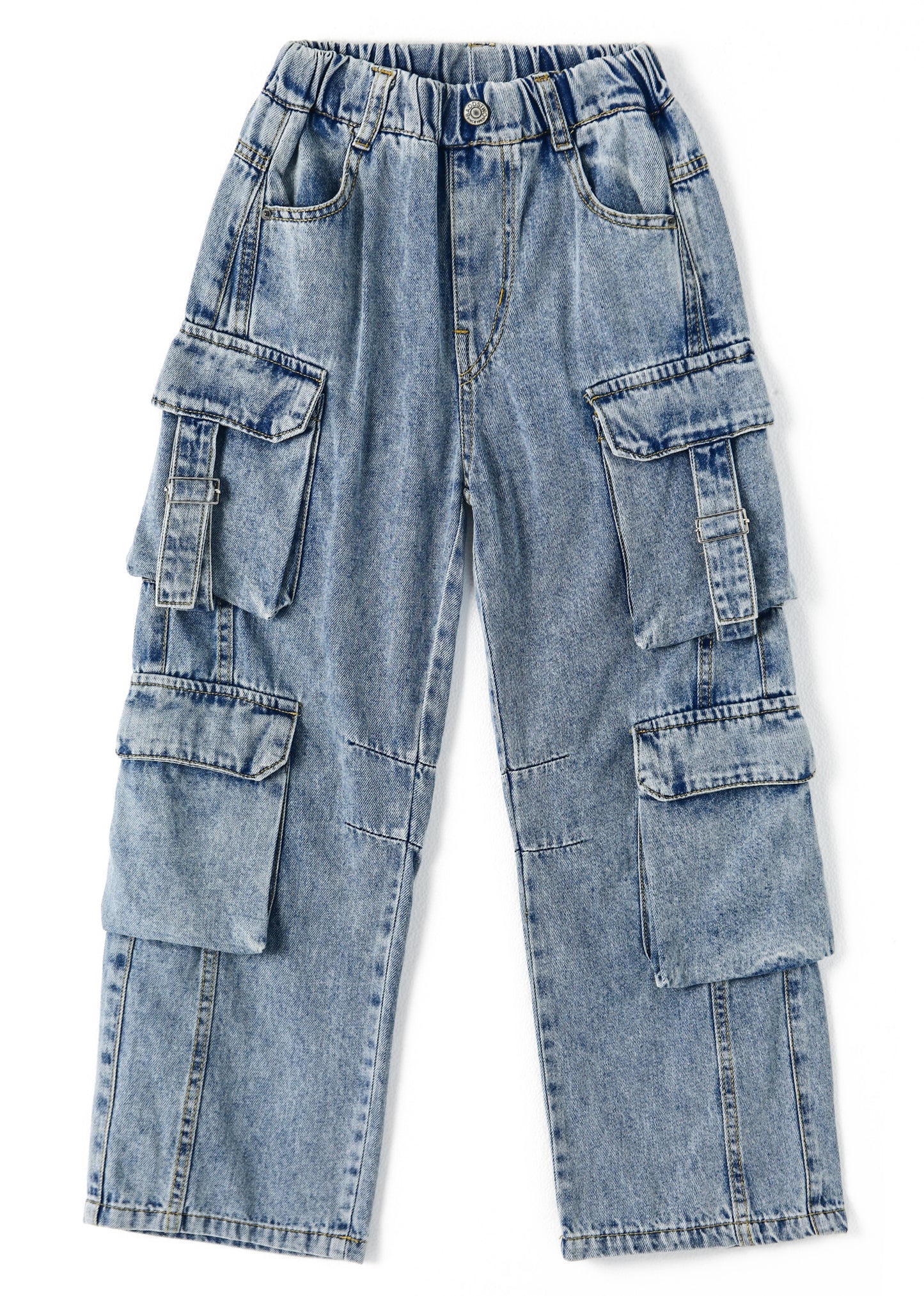 8-Pocket Girls Wide-leg Denim Pants, 5-14T Ribbed Elastic Waist Jeans