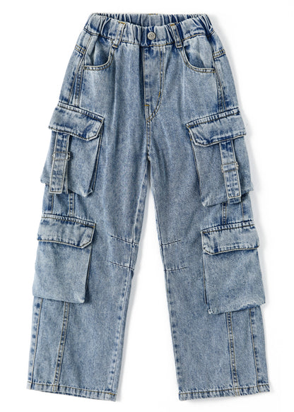8-Pocket Girls Wide-leg Denim Pants, 5-14T Ribbed Elastic Waist Jeans