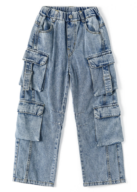 8-Pocket Girls Wide-leg Denim Pants, 5-14T Ribbed Elastic Waist Jeans