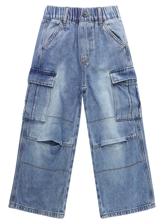 6-Pocket Girls Wide-Leg Denim Pants, 5-14T Ribbed Waist with Opening On Leg Cargo Jeans