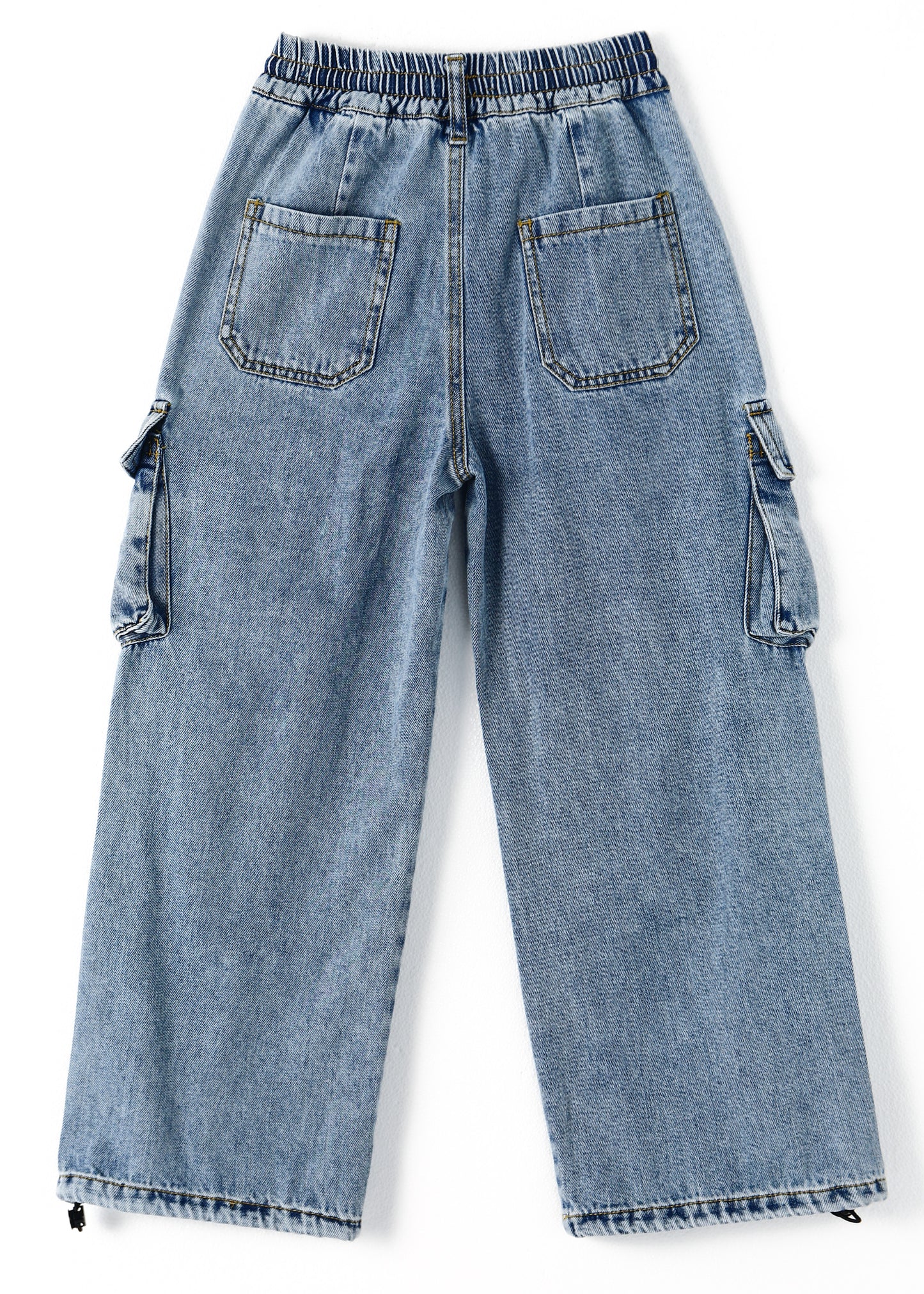 6-Pocket Girls Wide-Leg Denim Pants, 5-14T Ribbed Waist with D-Ring Loops & String Cargo Jeans