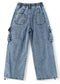 6-Pocket Girls Wide-Leg Denim Pants, 5-14T Ribbed Waist with D-Ring Loops & String Cargo Jeans