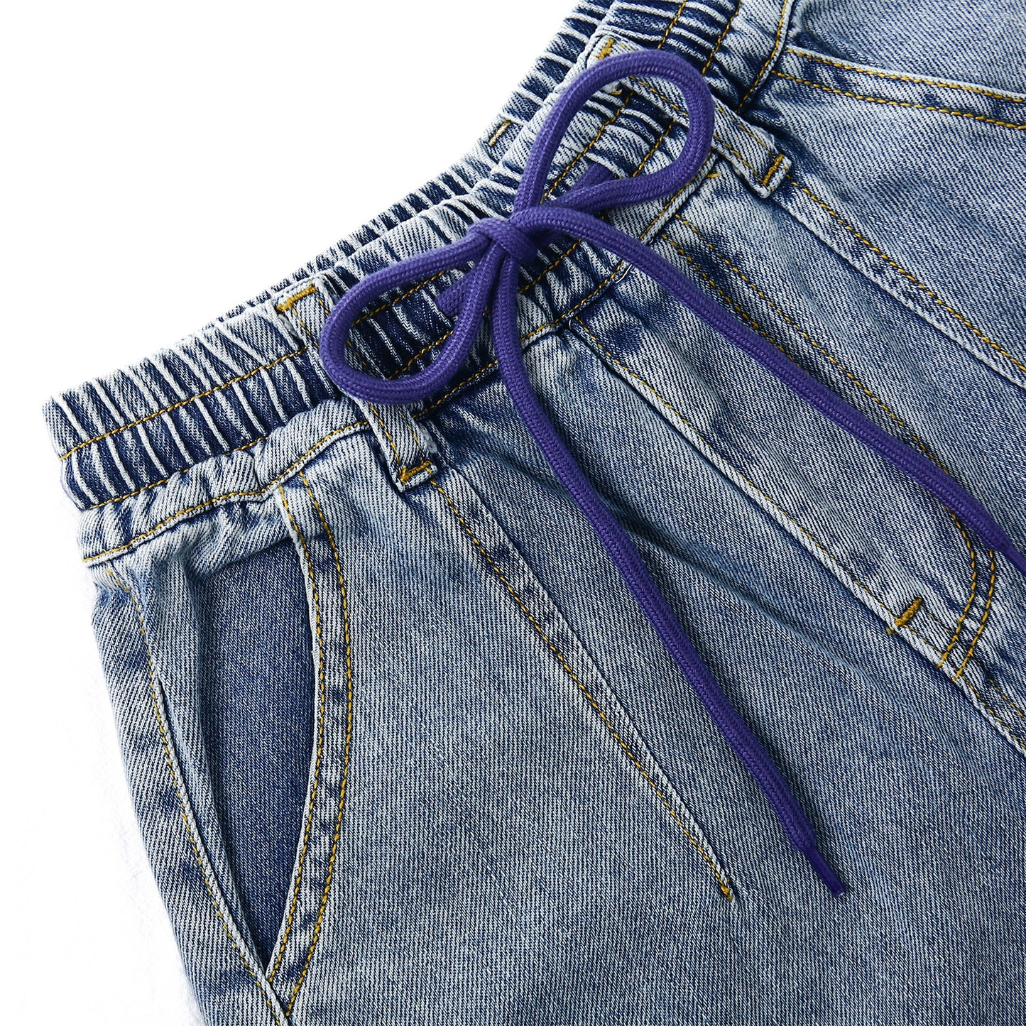 6-Pocket Girls Wide-Leg Denim Pants, 5-14T Ribbed Waist with D-Ring Loops & String Cargo Jeans
