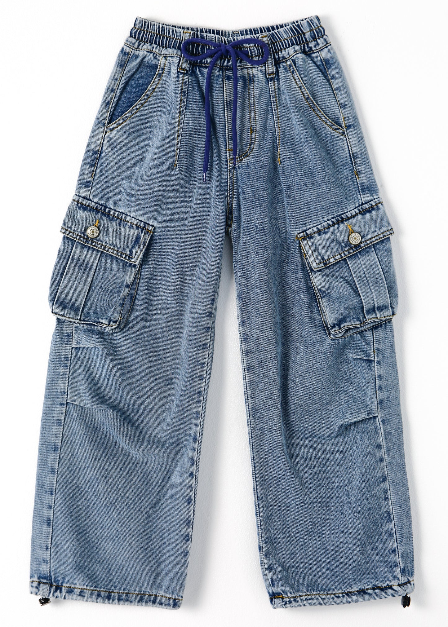 6-Pocket Girls Wide-Leg Denim Pants, 5-14T Ribbed Waist with D-Ring Loops & String Cargo Jeans