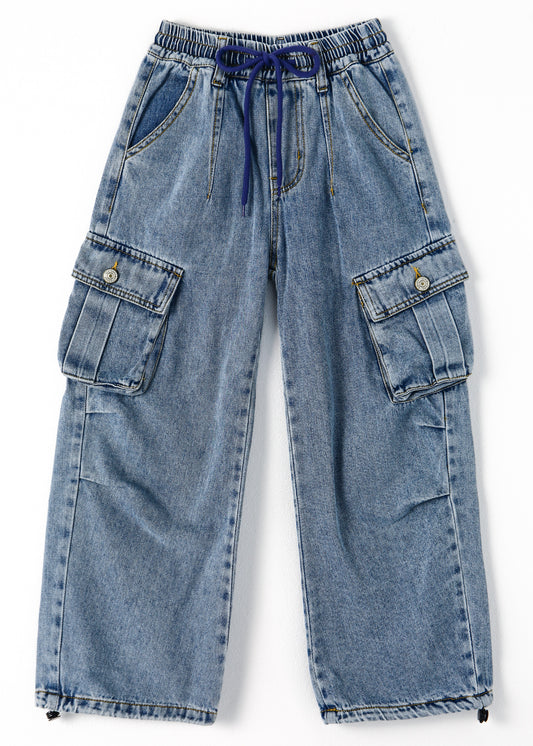 6-Pocket Girls Wide-Leg Denim Pants, 5-14T Ribbed Waist with D-Ring Loops & String Cargo Jeans