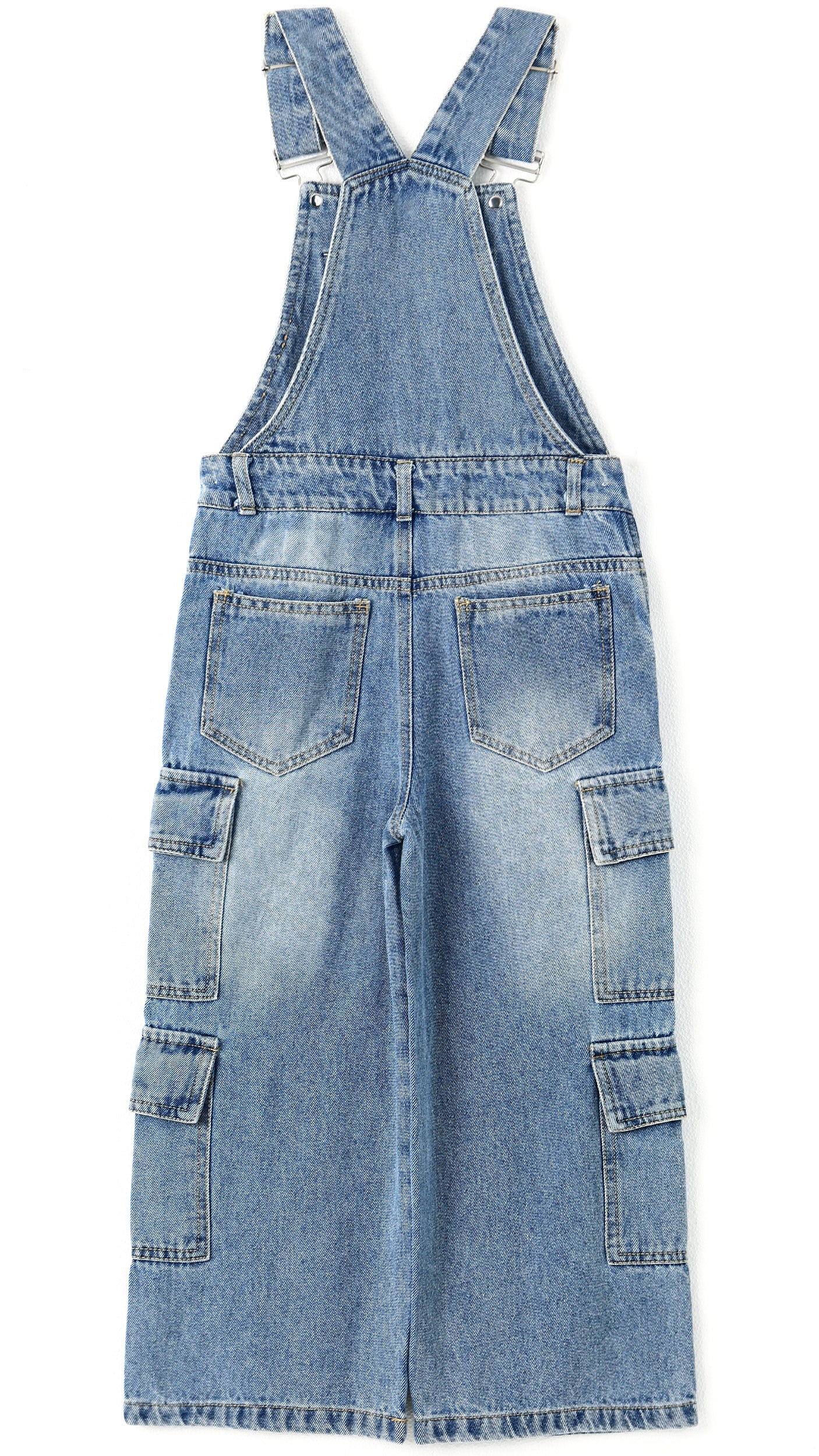 6-13T Girls’ Denim Cargo Overalls, Wide Leg Jean Dungarees