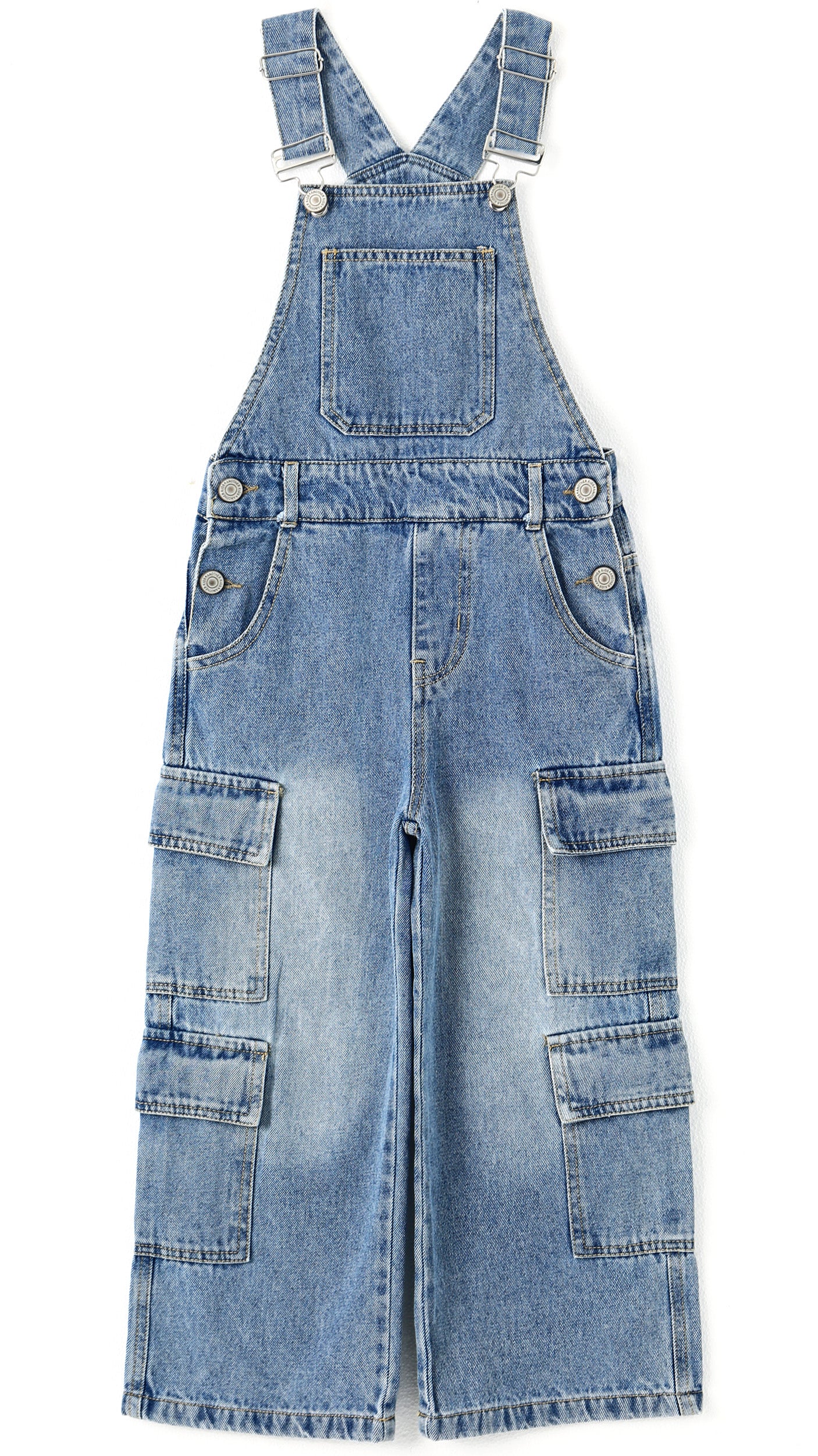 6-13T Girls’ Denim Cargo Overalls, Wide Leg Jean Dungarees