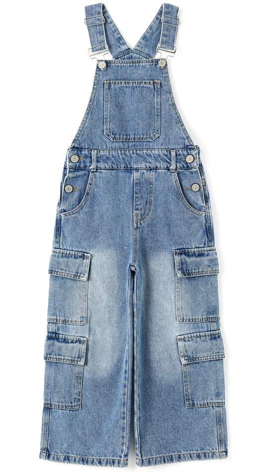 6-13T Girls’ Denim Cargo Overalls, Wide Leg Jean Dungarees