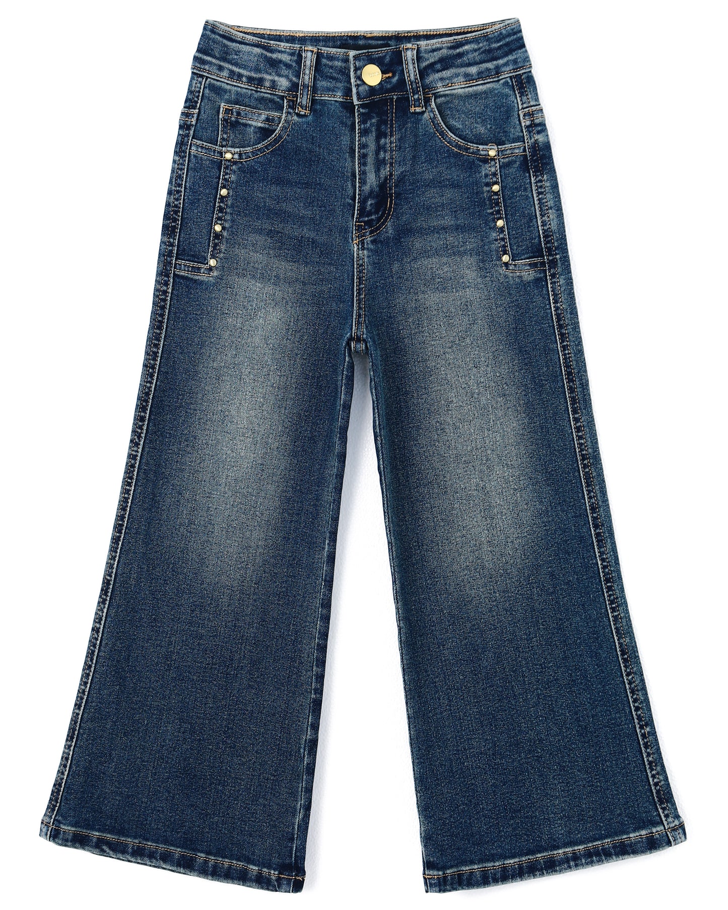 Girls Wide-Leg Jeans,Baggy Stretchy Denim Pants with Metal Rivet Decoration