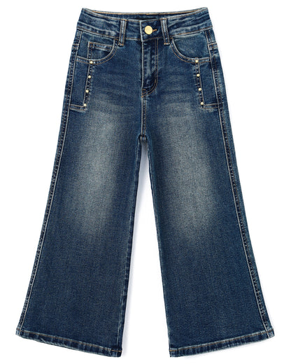 Girls Wide-Leg Jeans,Baggy Stretchy Denim Pants with Metal Rivet Decoration