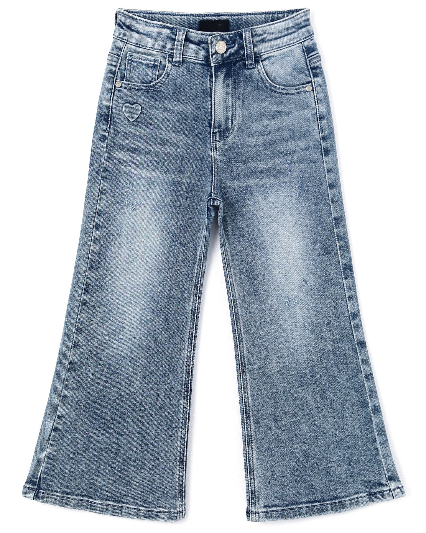 5-13T Girls Wide Leg Jeans, Micro Distressed Heart Shapped Denim Pants