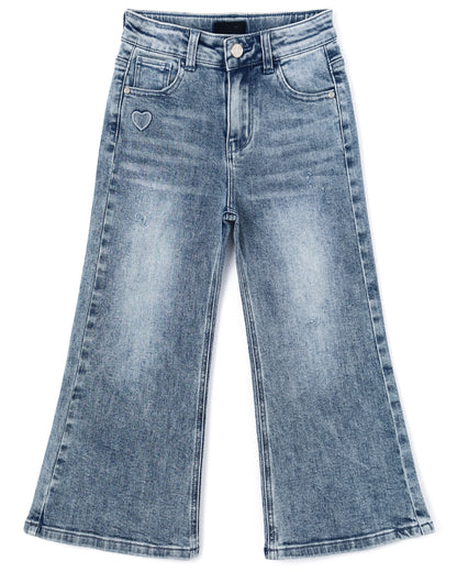 5-13T Girls Wide Leg Jeans, Micro Distressed Heart Shapped Denim Pants