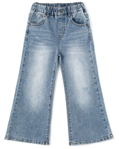 5-13T Girls Wide Leg Jeans, Ribbed Elastic Waist Pull on Denim Pants