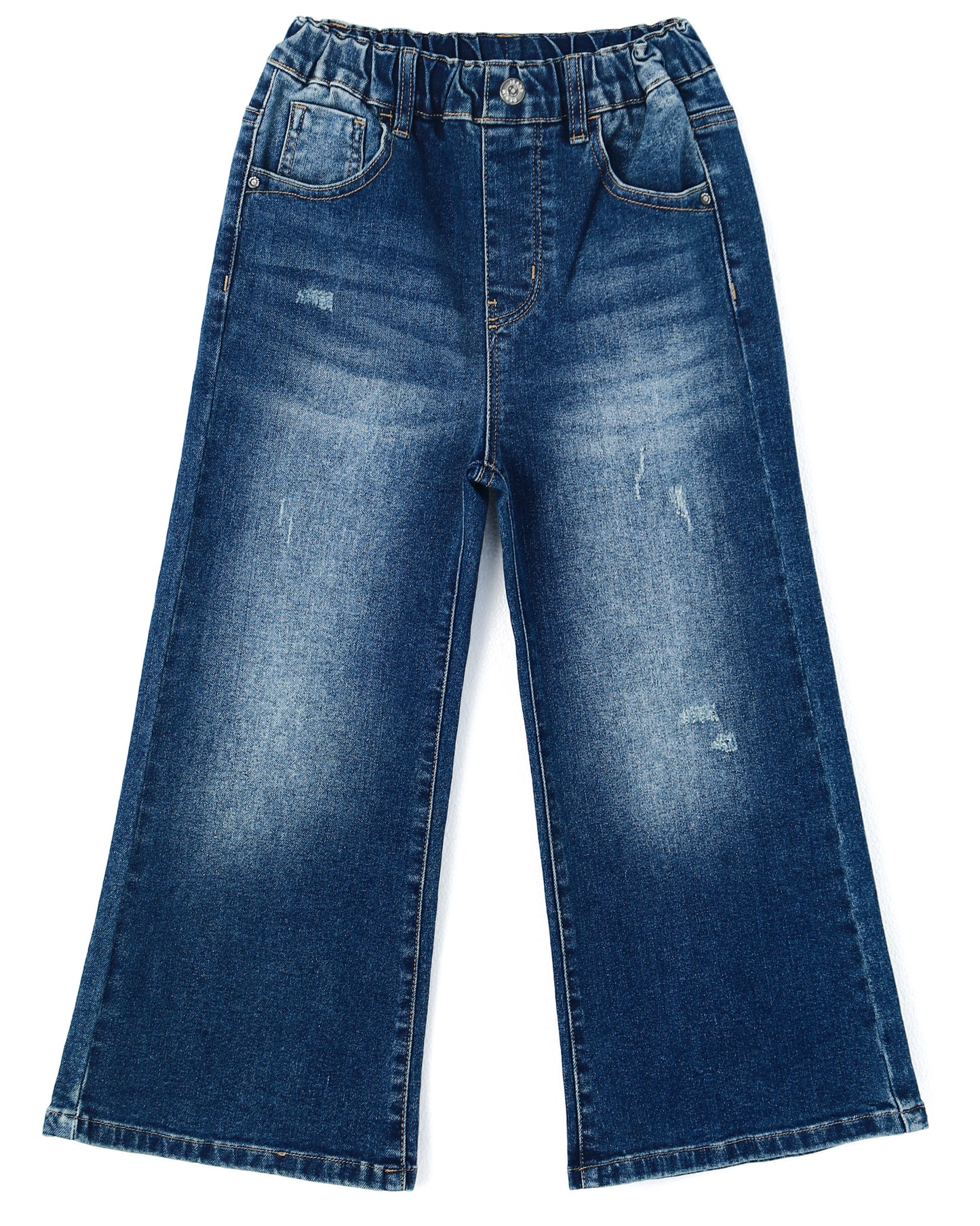 5-13T Girls Wide Leg Jeans, Ribbed Elastic Waist Pull on Denim Pants