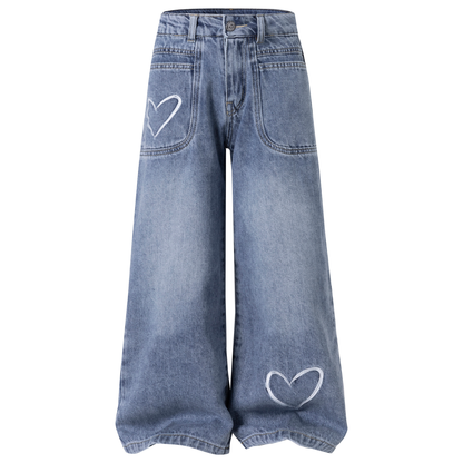 Toddler Girls Heart Embroidered Wide Leg Jeans Loose Denim Pants