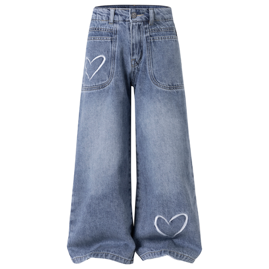 Toddler Girls Heart Embroidered Wide Leg Jeans Loose Denim Pants