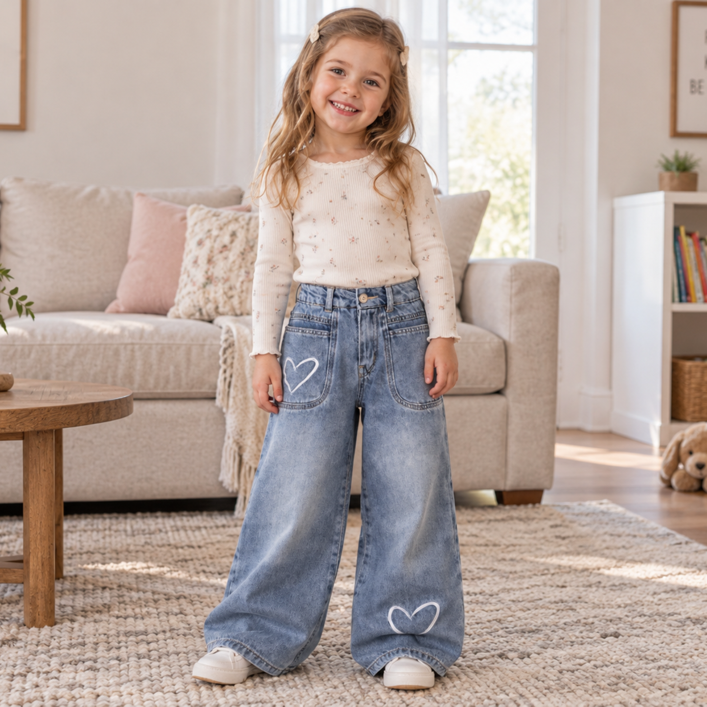 Toddler Girls Heart Embroidered Wide Leg Jeans Loose Denim Pants