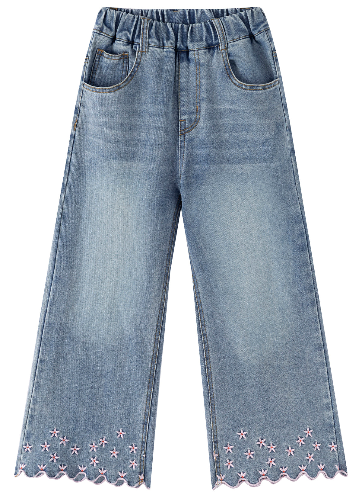 Girls Wide Leg Denim Jeans with Floral Embroidery Scalloped Hem
