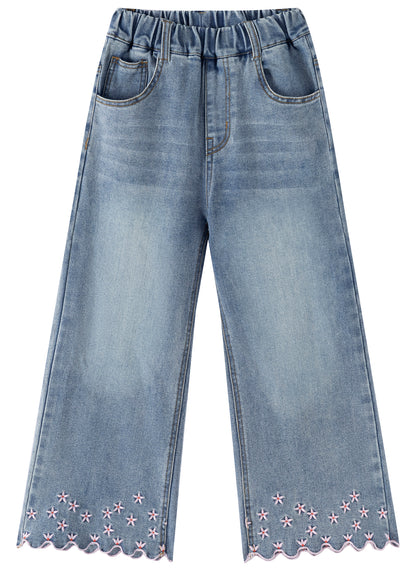 Girls Wide Leg Denim Jeans with Floral Embroidery Scalloped Hem