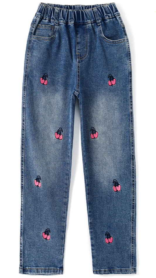 3-13T Girls Jeans, Ribbed Elastic Waist Embroidered Denim Pants
