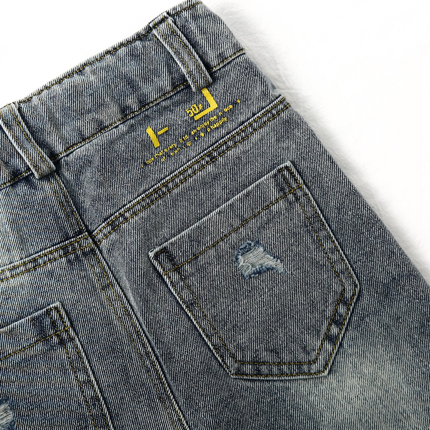 Letters Oil Paint Decor Elastic Band Inside Ripped Water Washed Jeans