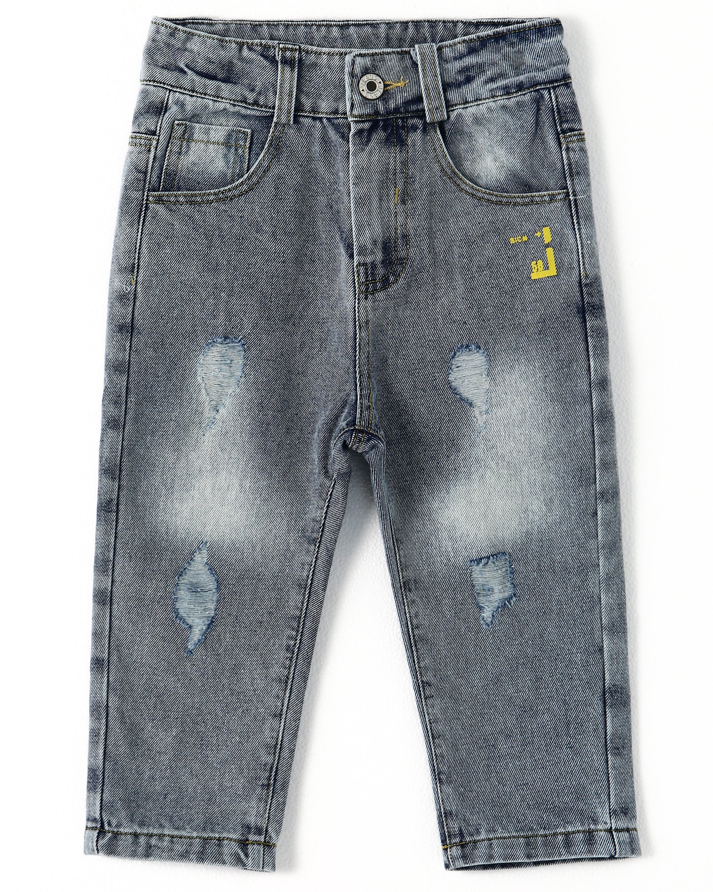 Letters Oil Paint Decor Elastic Band Inside Ripped Water Washed Jeans