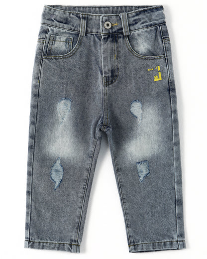 Letters Oil Paint Decor Elastic Band Inside Ripped Water Washed Jeans