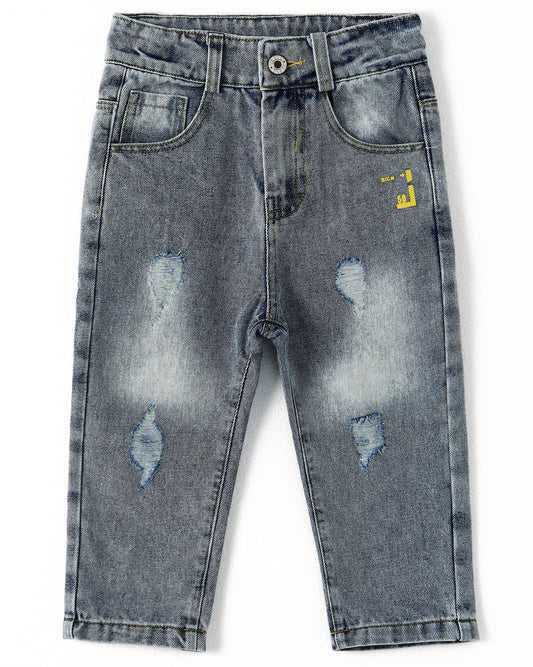 Letters Oil Paint Decor Elastic Band Inside Ripped Water Washed Jeans