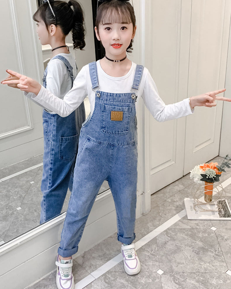 Girls Denim Bib Overalls,Adjustable Straps Fake Slant Side Pockets Jean Dungarees Pants