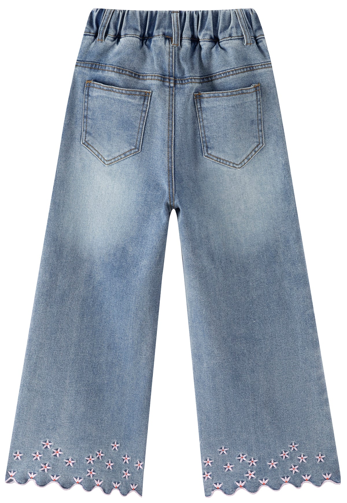 Girls Wide Leg Denim Jeans with Floral Embroidery Scalloped Hem