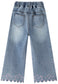 Girls Wide Leg Denim Jeans with Floral Embroidery Scalloped Hem