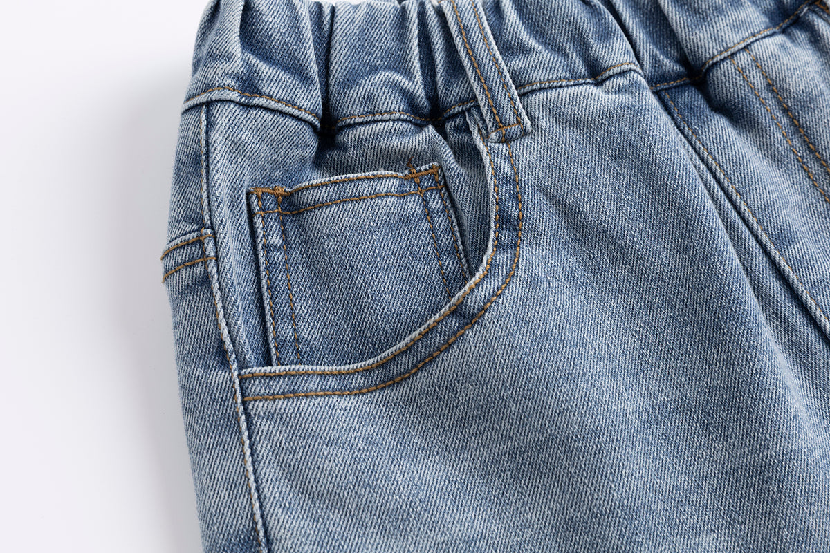 Girls Wide Leg Denim Jeans with Floral Embroidery Scalloped Hem