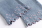 Girls Wide Leg Denim Jeans with Floral Embroidery Scalloped Hem