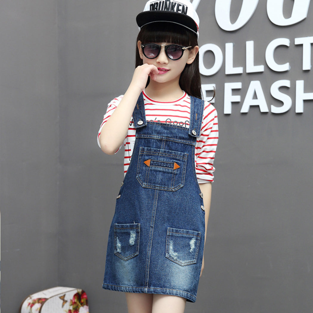 Girls Bibs Pocket Adjustable Straps Casual Jean Overall Dress