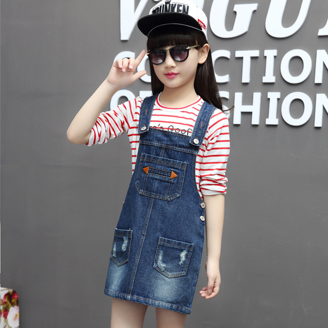Girls Bibs Pocket Adjustable Straps Casual Jean Overall Dress