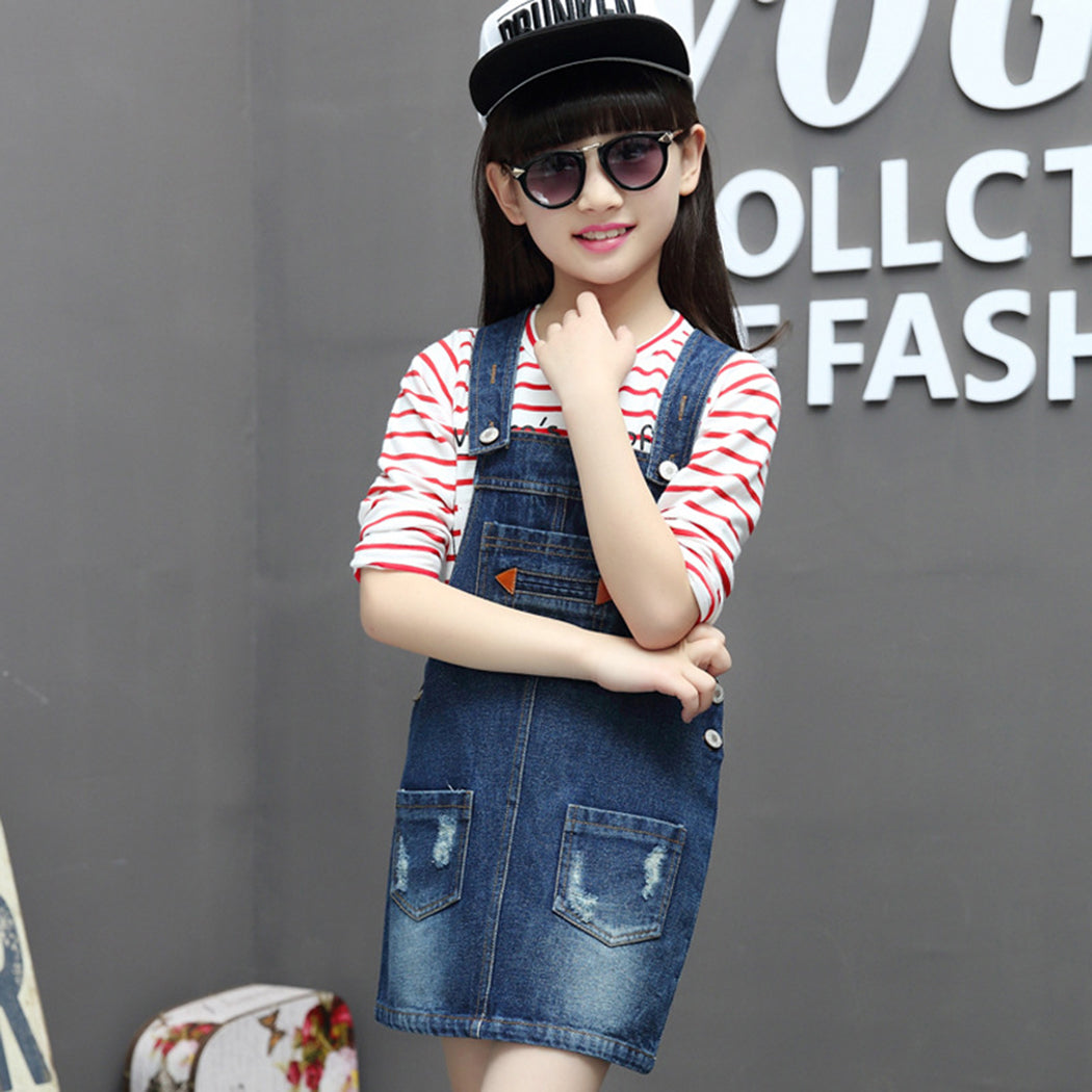 Girls Bibs Pocket Adjustable Straps Casual Jean Overall Dress