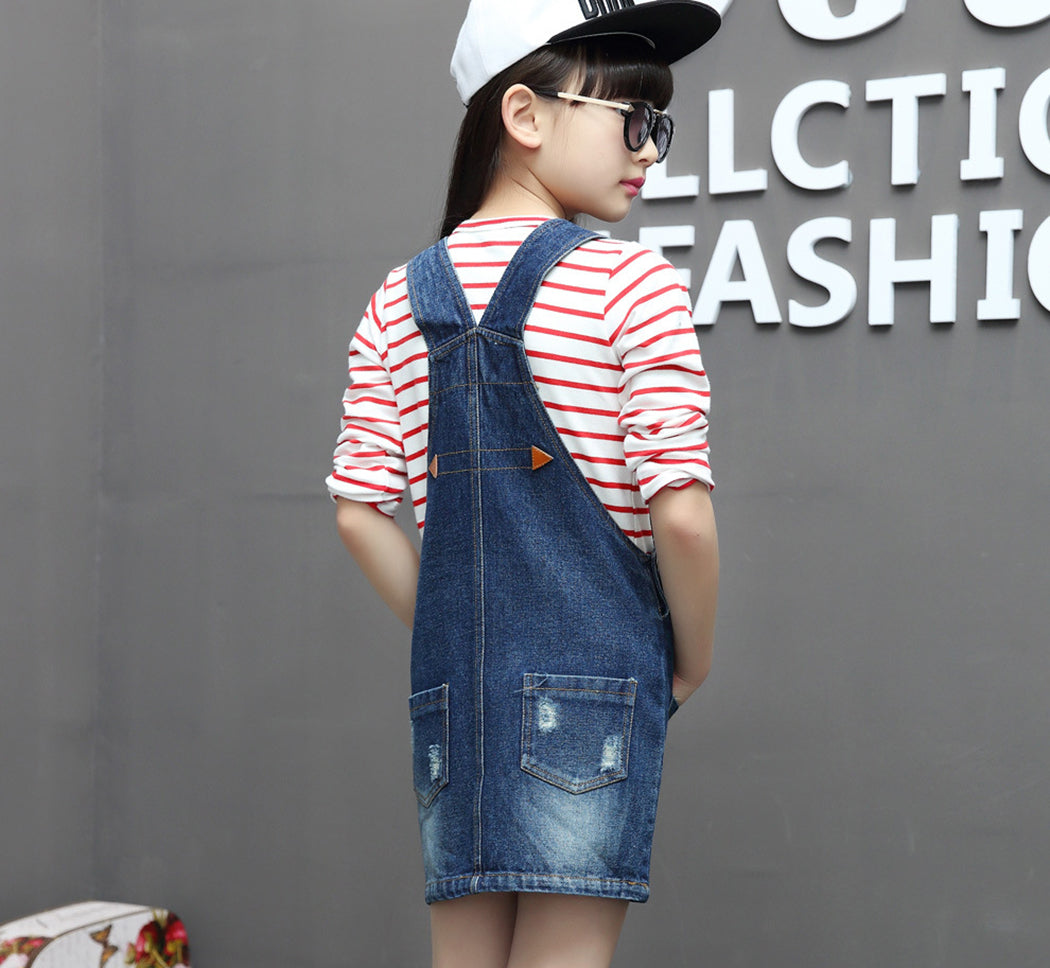 Girls Bibs Pocket Adjustable Straps Casual Jean Overall Dress