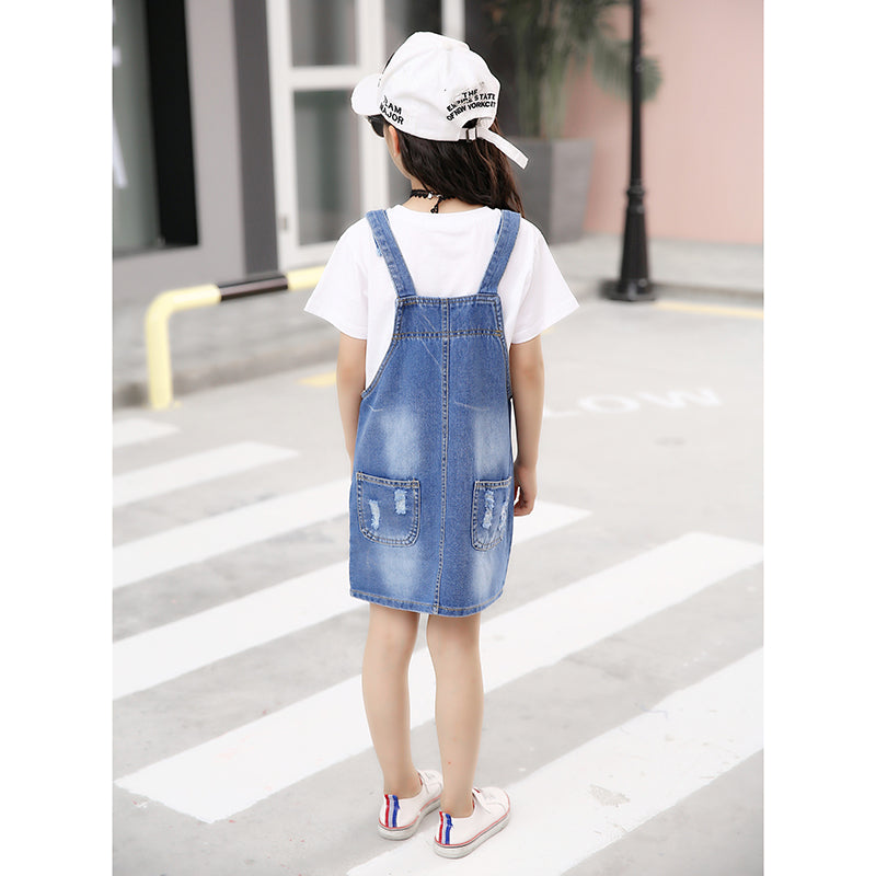 Toddler/kid Girl Jean Overall Dress Ripped Adjustable Denim Jumpers Skin-friendly Kidscool USA Toddler/kid Girl Jean Overall Dress Ripped Adjustable Denim Jumpers Skin-friendly Kidscool USA