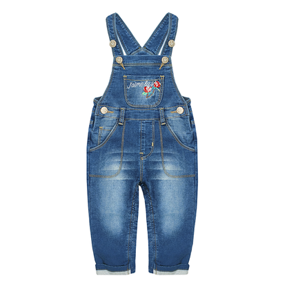 Girls Roses Embroideried Soft Denim Overalls
