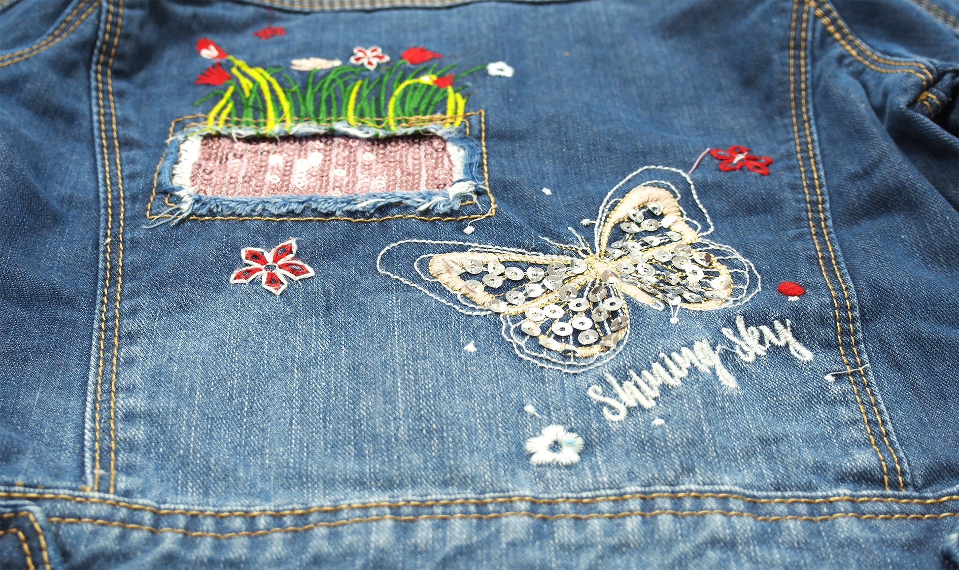  Girl Pink Hood Flower Embroidered Denim Outfits